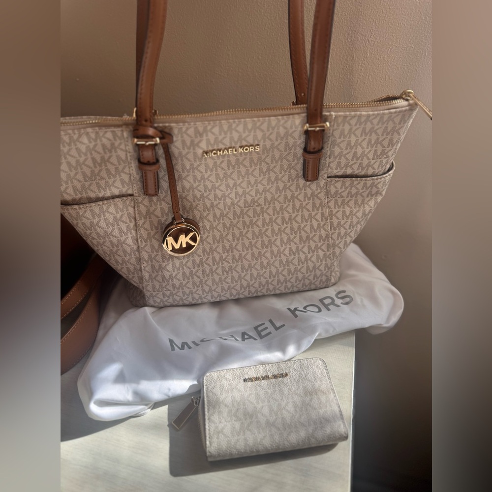 Michael Kors Cream and Brown Tote Bag with Signature Monogram